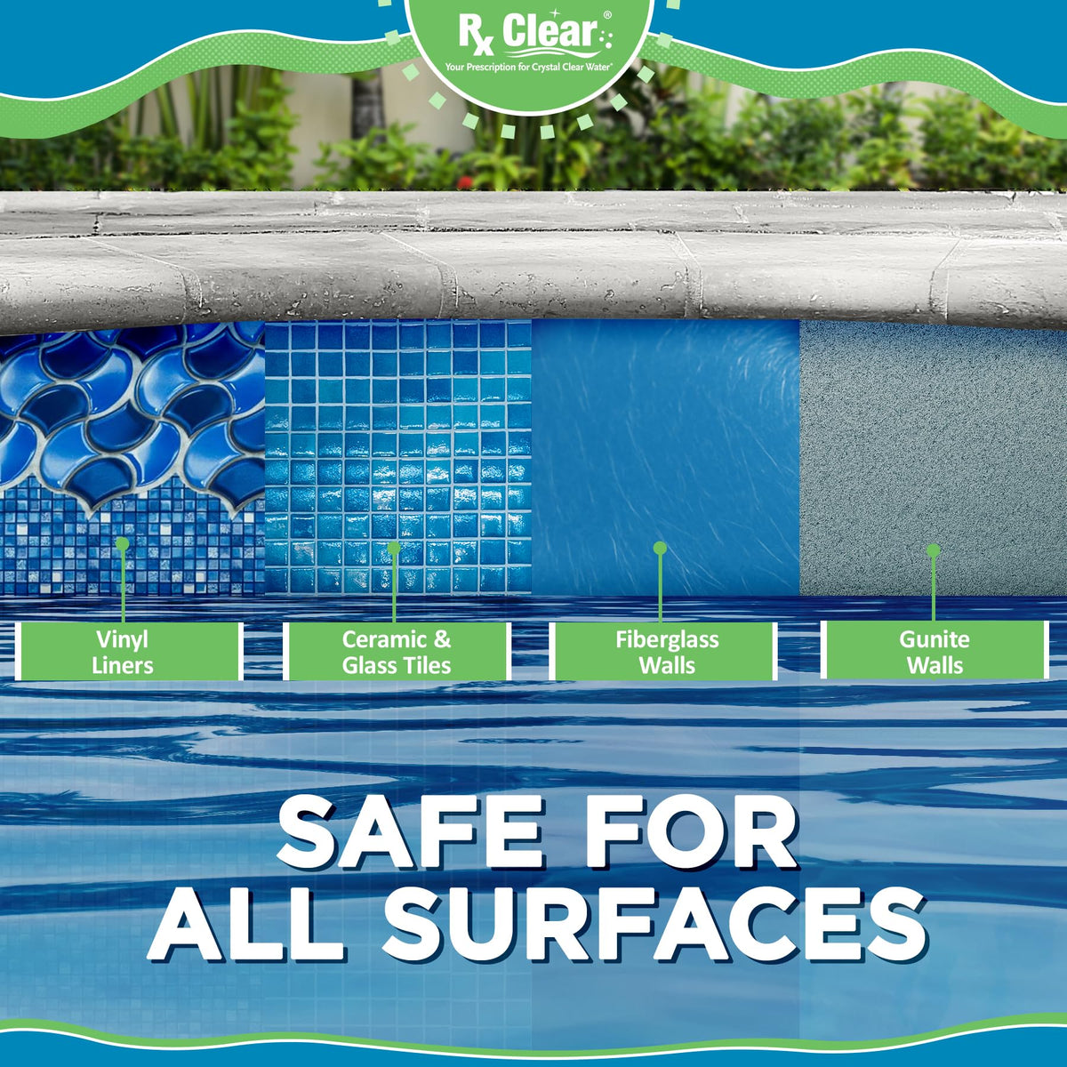 Rx Clear tablets work with vinyl, fiberglass, tile, and gunite surfaces.