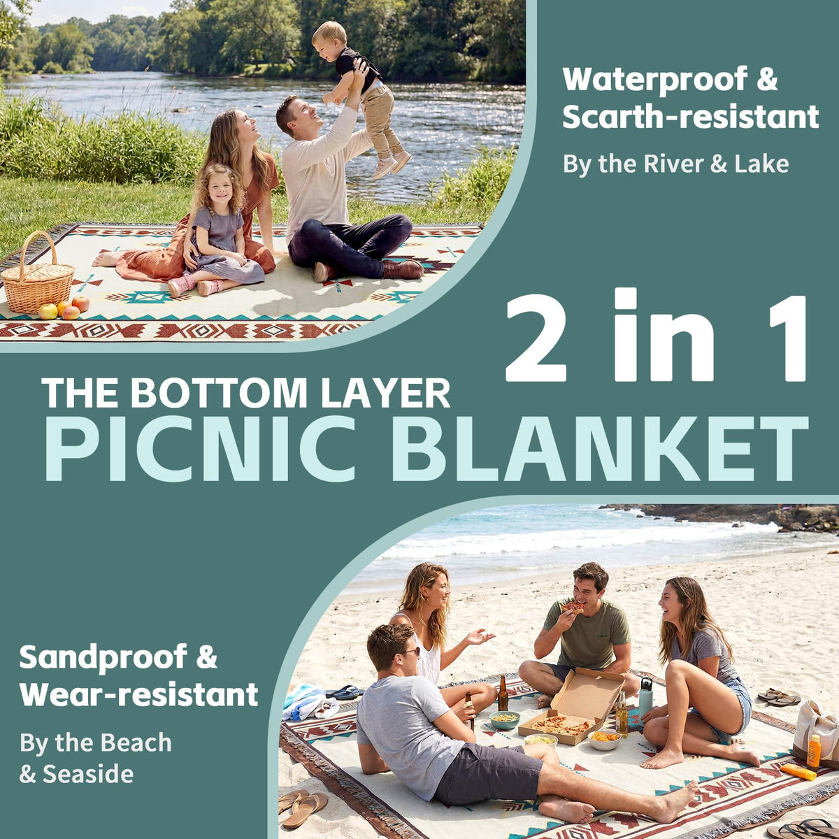 RYCHIC 2-in-1 mat set on a park or beach scene for versatile outdoor use.
