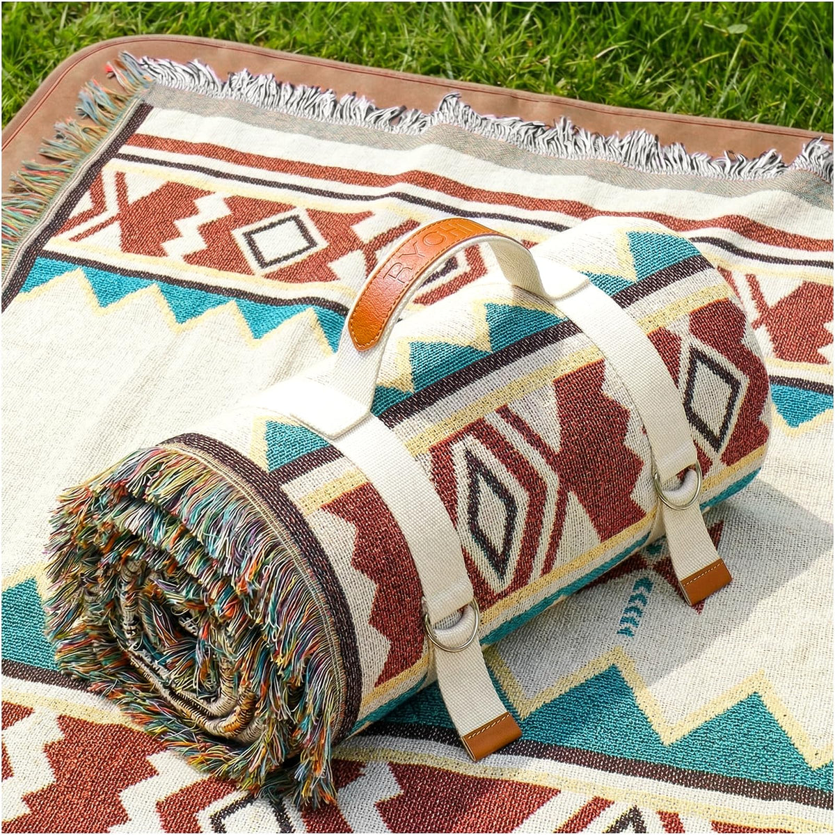 RYCHIC 2-in-1 outdoor picnic mat with soft-woven top for comfortable grass lounging.