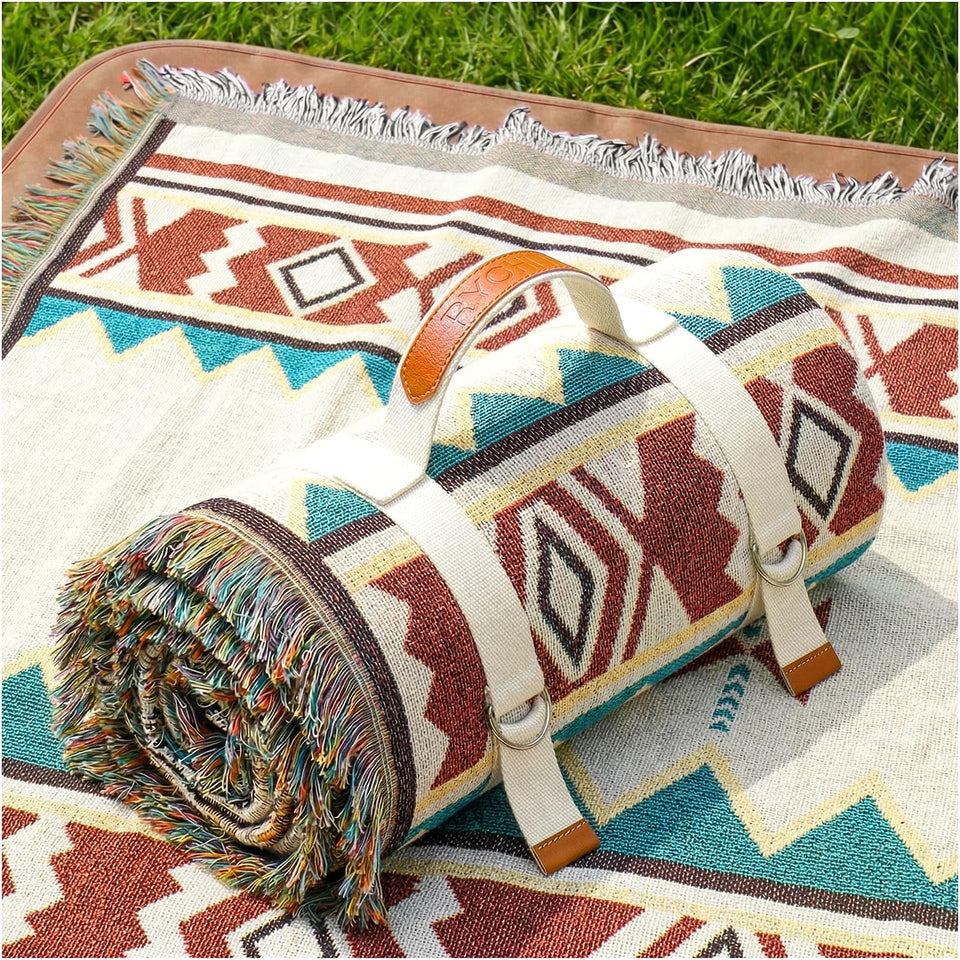 RYCHIC 2-in-1 outdoor picnic mat with soft-woven top for comfortable grass lounging.