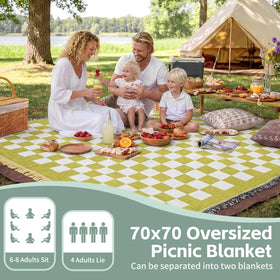 RYCHIC 2in1 blanket open on a sunny beach, dual-layer setup in use.
