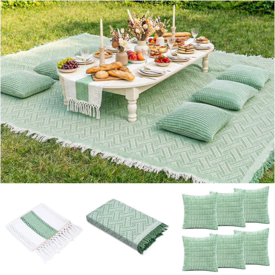 RYCHIC extra large boho picnic blanket laid on grass for relaxed gatherings.