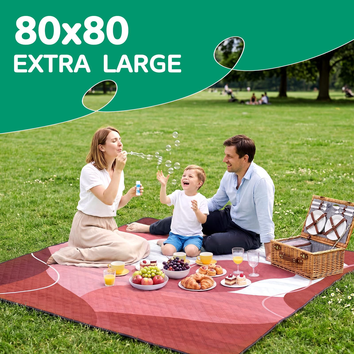 RYCHIC extra-large picnic blanket laid out on green grass for a family gathering.