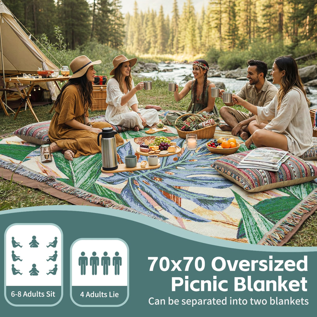 RYCHIC foldable outdoor blanket in portable tote for easy travel.