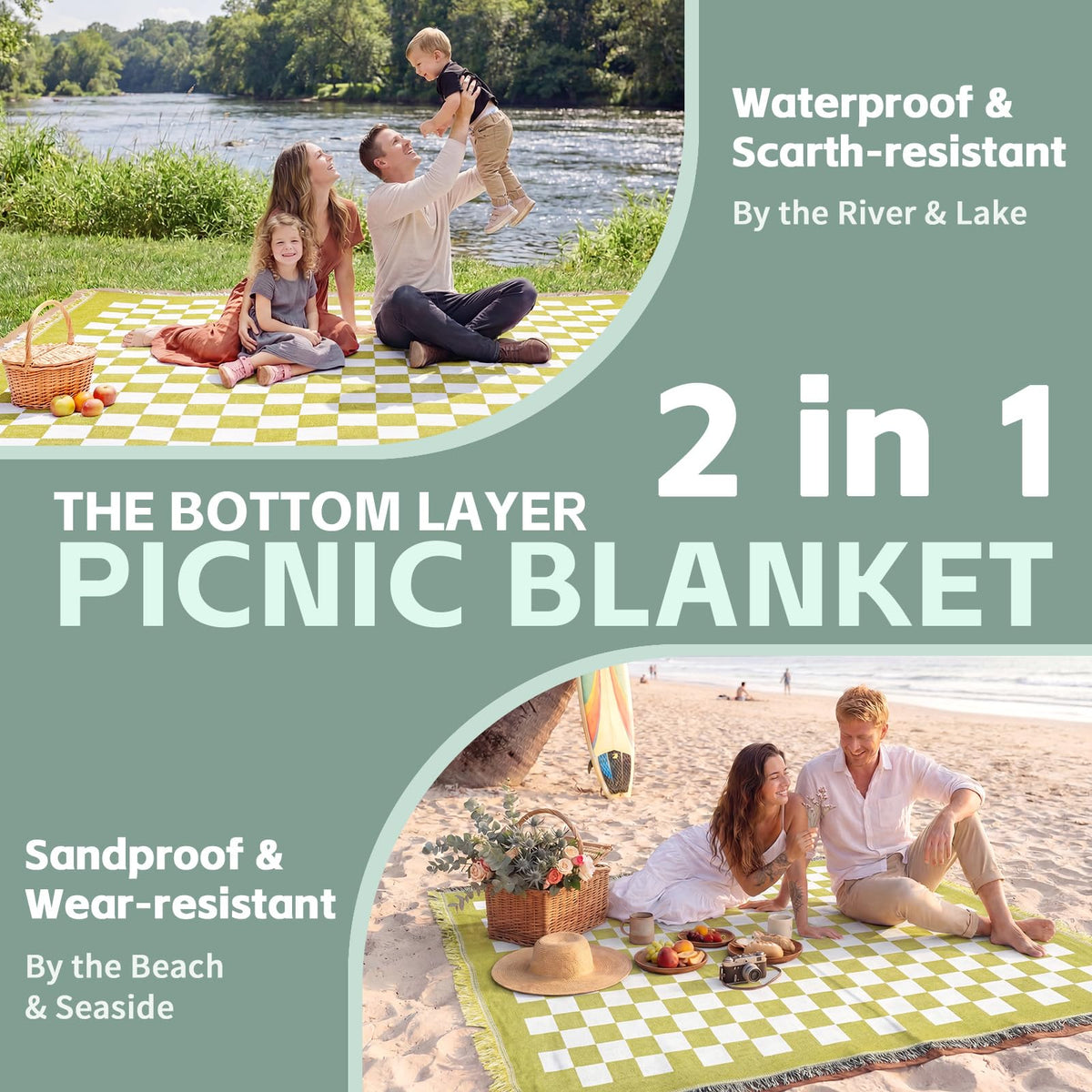 RYCHIC outdoor blanket folded with carry strap for hiking and road trips.