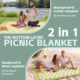 RYCHIC outdoor blanket folded with carry strap for hiking and road trips.