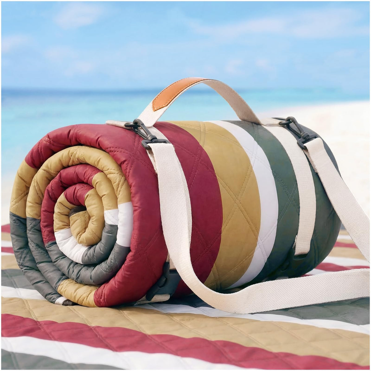 RYCHIC waterproof beach blanket open for a family picnic with sand free comfort