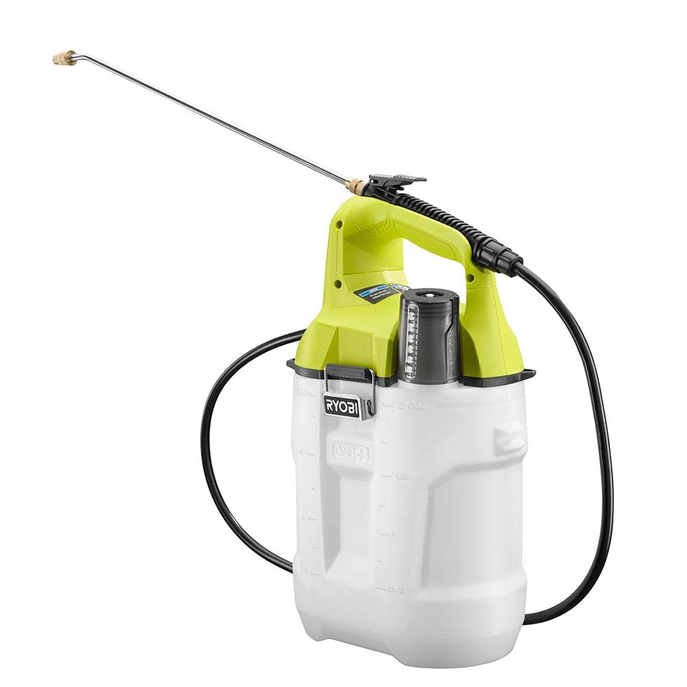 RYOBI 18V ONE+ 2-Gallon Garden Sprayer in use with battery-powered pumping for easy coverage.