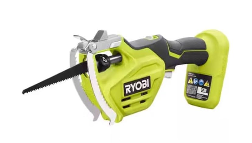 RYOBI 18V ONE+ One-Handed Pruning Recip Saw in use for clean pruning with reduced vibration.