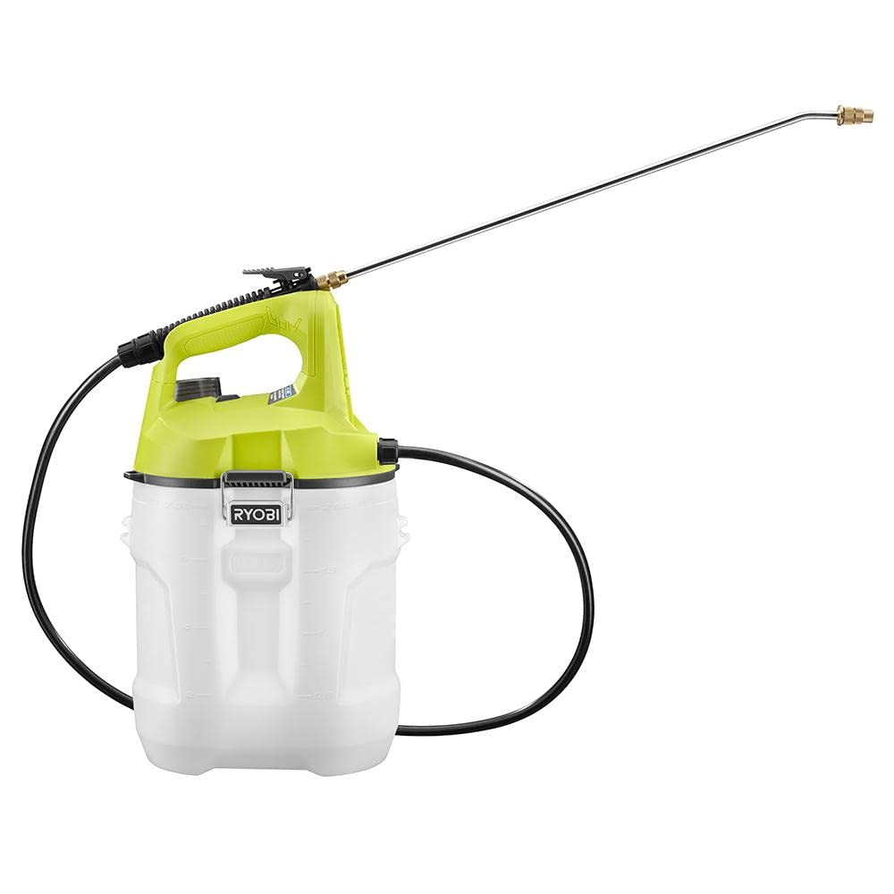 RYOBI 2-gallon tank with onboard measuring cup for precise mixing.