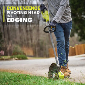 RYOBI ONEAND 18V trimmer assembly parts image hints at easy maintenance.