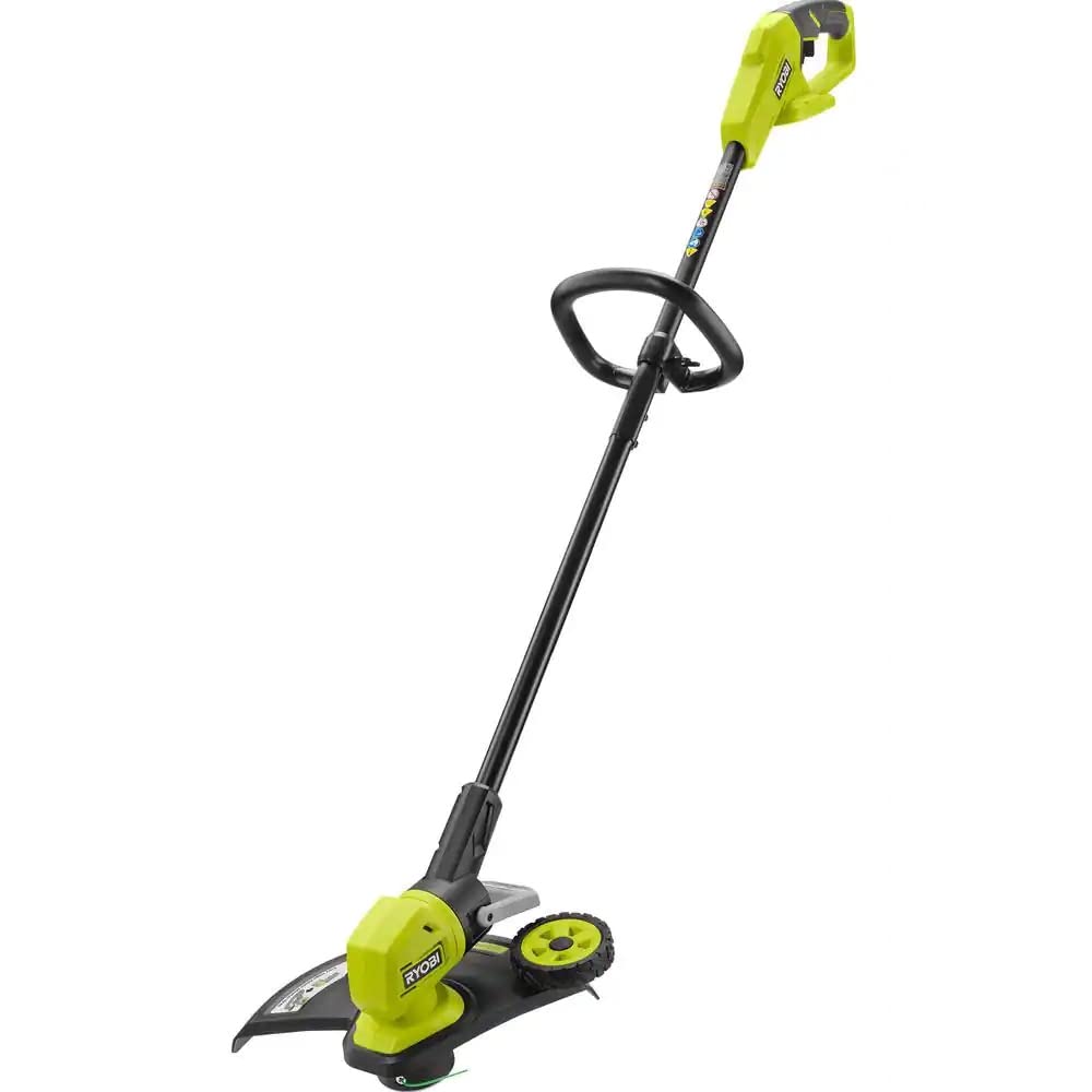 RYOBI ONEAND 18V trimmer body view highlighting compact cordless design for easy yardwork.