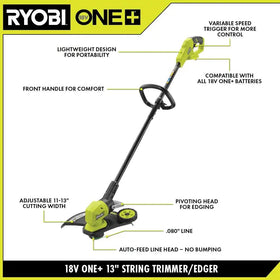 RYOBI ONEAND 18V trimmer cutting-head closeup for precise edging and trim.