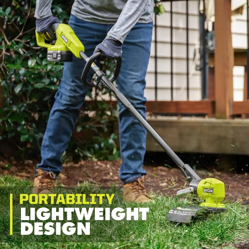 RYOBI ONEAND 18V trimmer extended rail demonstrates reach for tall grasses.