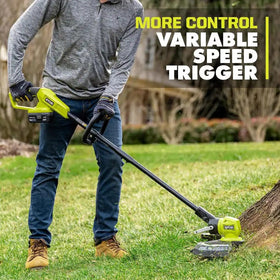 RYOBI ONEAND 18V trimmer guard and bumper add safety and control.
