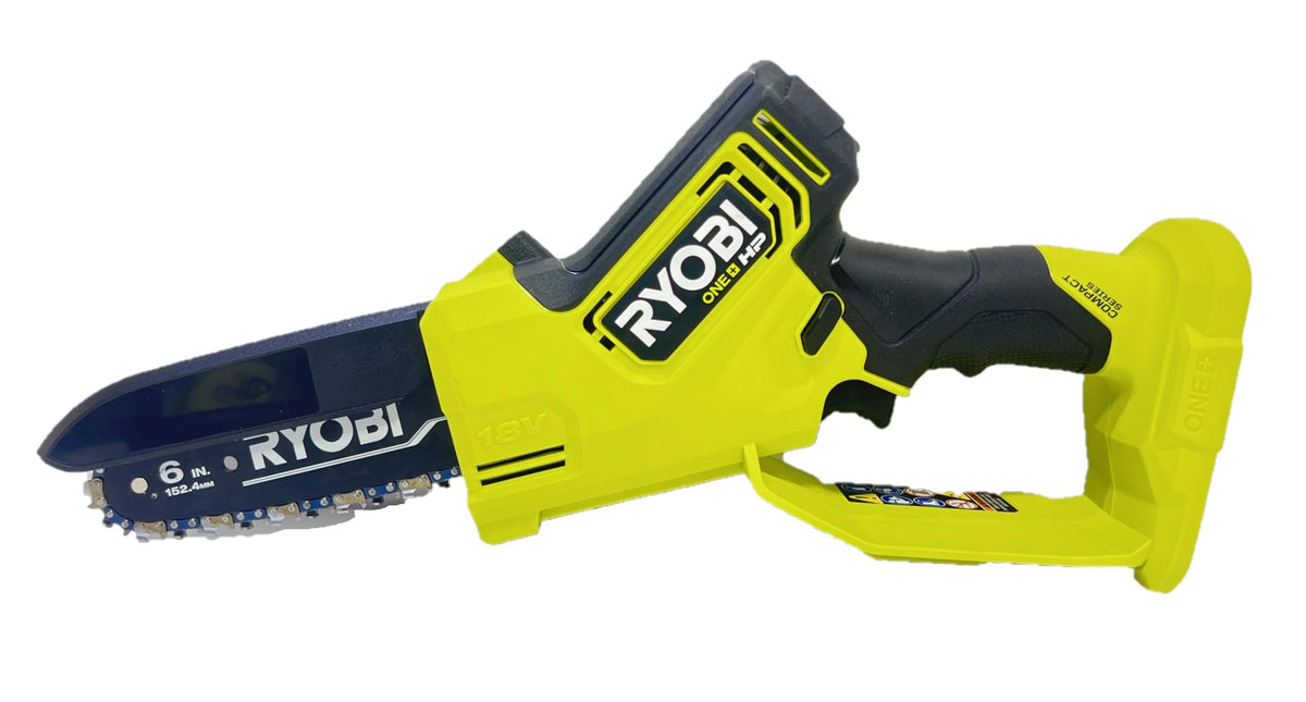 RYOBI ONE+ HP 6-inch pruning chainsaw with battery and charger illustrates ready-to-use cordless kit