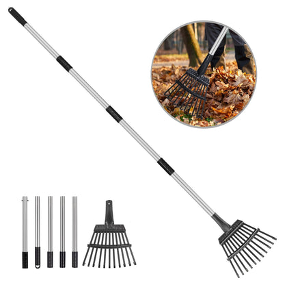 Rysnirs small leaf rake with 11 metal tines for precise leaf gathering in tight spaces.