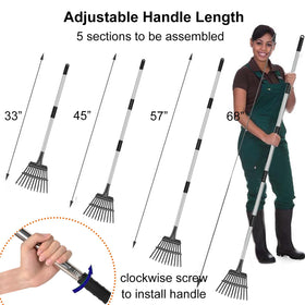 Rysnirs sturdy metal-tine rake head handles tough debris without bending.