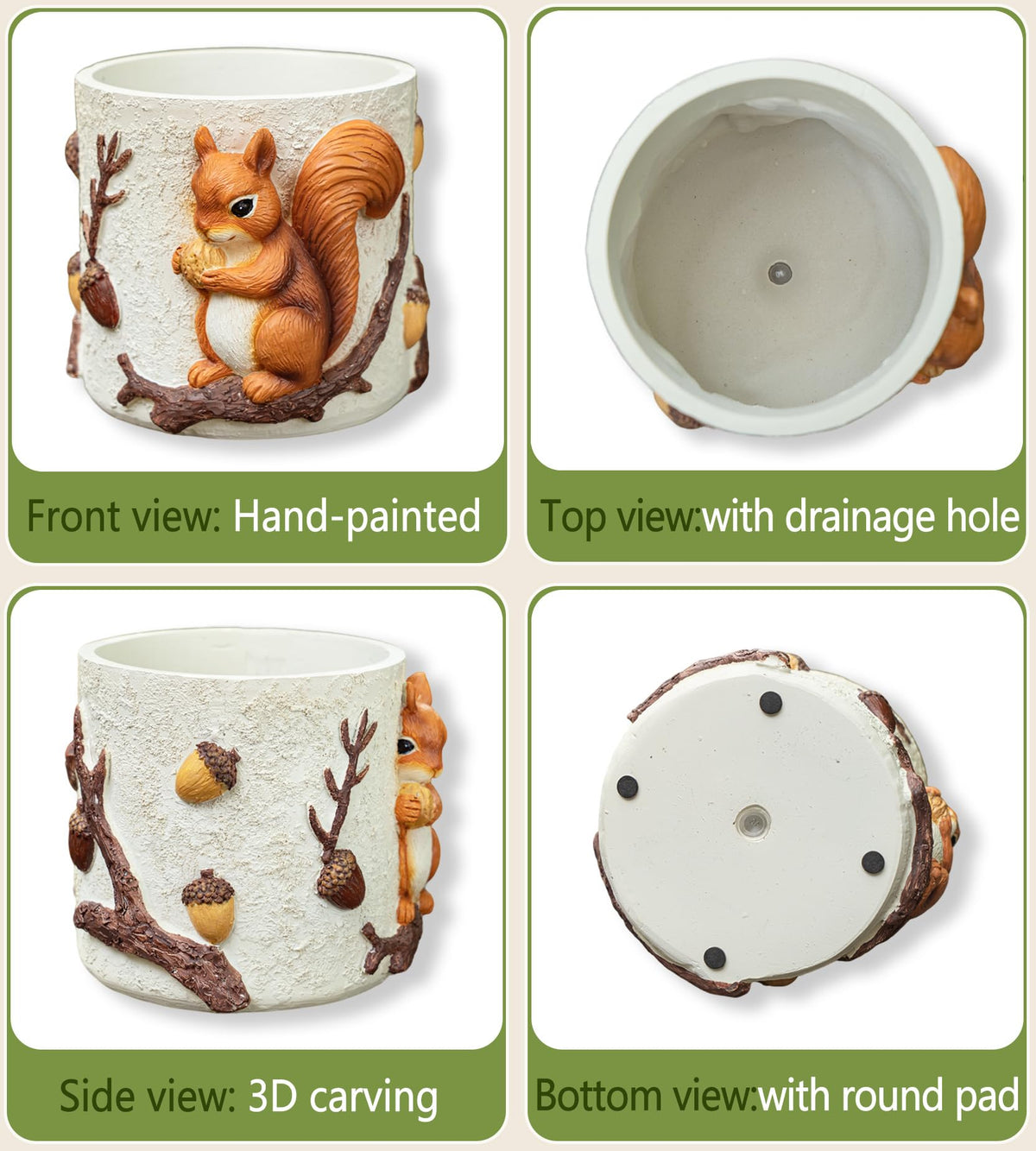 RZOIKZOI 3D sculpted squirrel detail adds whimsy to planter.