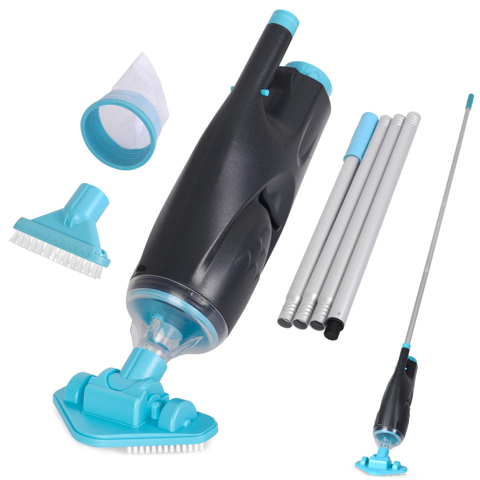 S7 rechargeable handheld pool vacuum with 72-inch pole for tight corners.