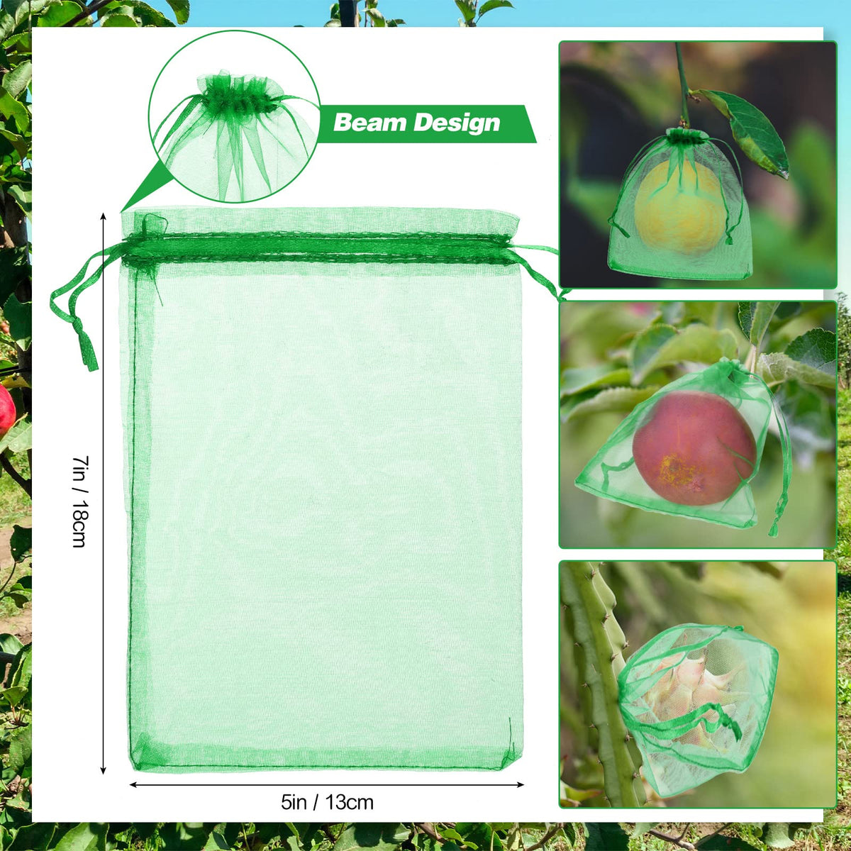 Sabary fruit netting bags with drawstring for quick sealing and protection.