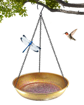SAC SMARTEN ARTS hanging bird bath with gold-to-pink gradient attracts hummingbirds