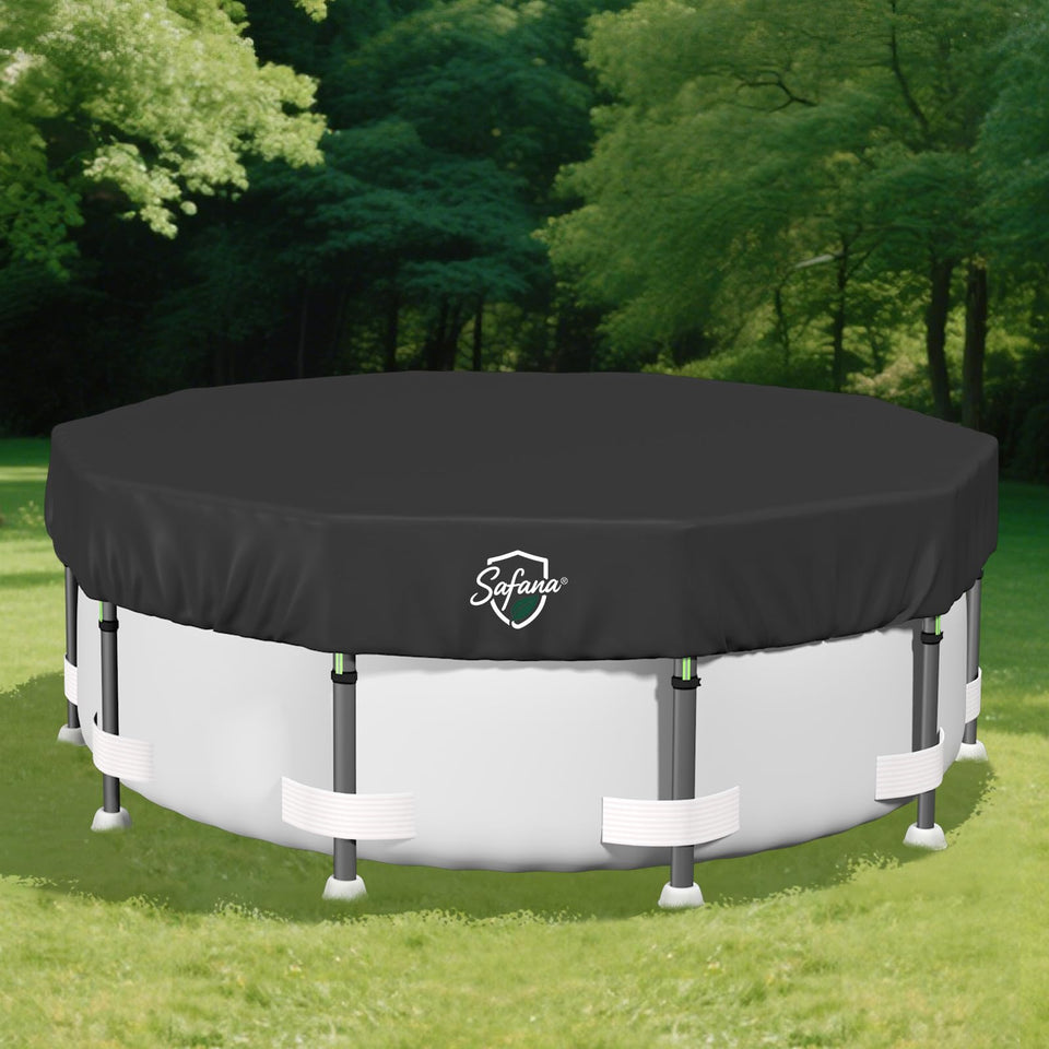 Safana 10ft round pool cover on the pool protects water from leaves and debris