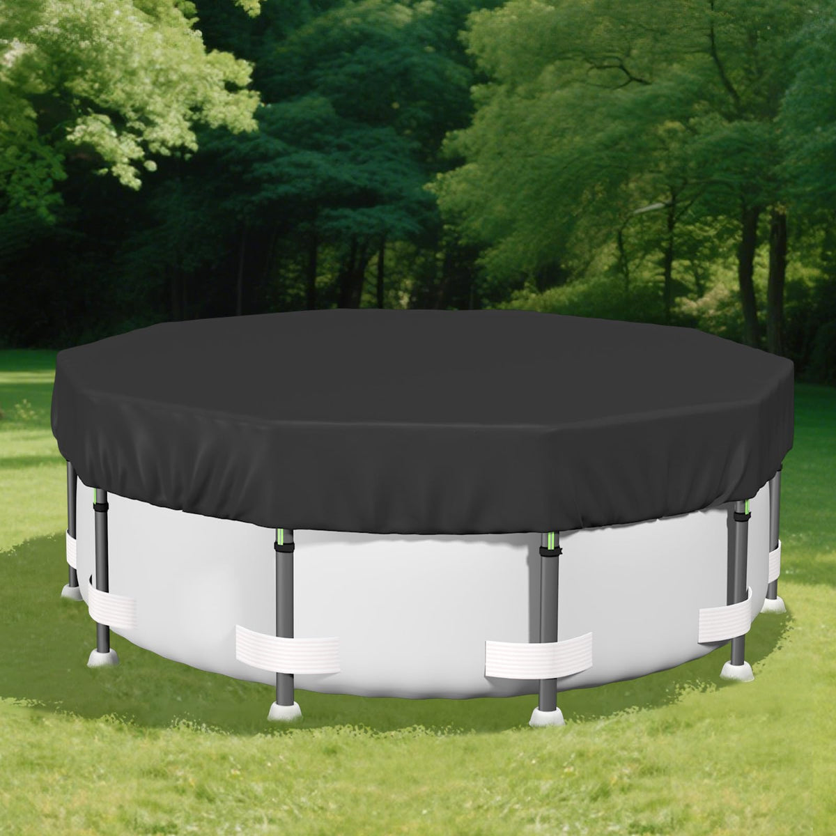 Safana 15ft round pool cover on water showing snug fit and wind protection.