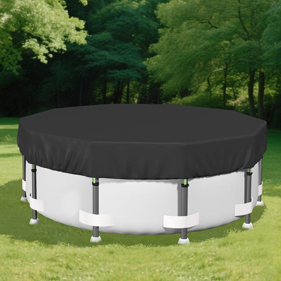Safana 15ft round pool cover on water showing snug fit and wind protection.