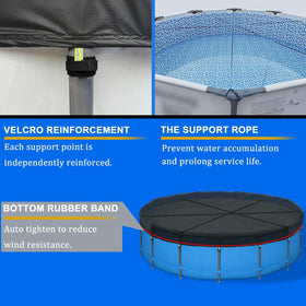 Safana debris prevention on cover illustrates keeps pool clean between uses.