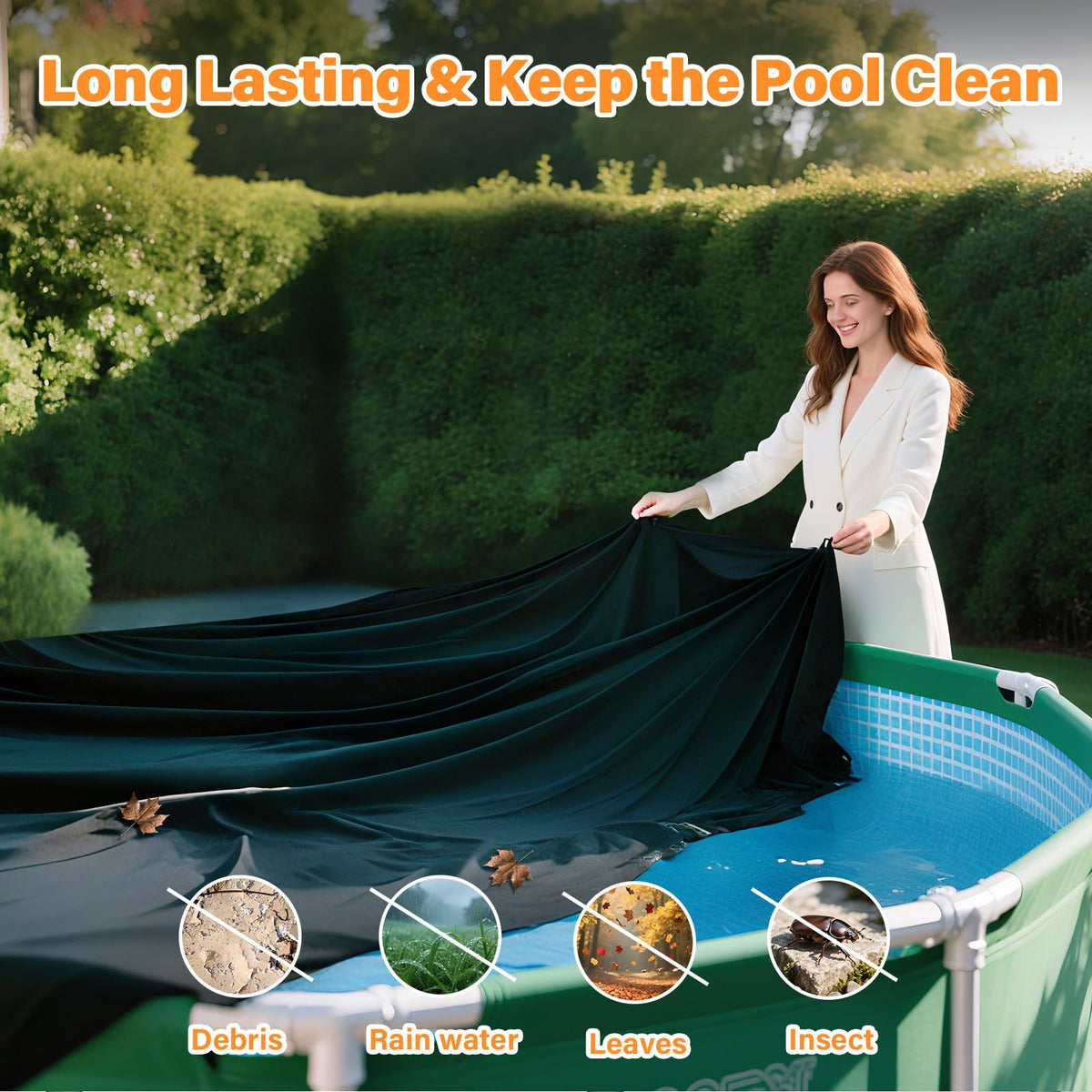 Safana 15ft round pool cover with easy sizing for outer diameter.