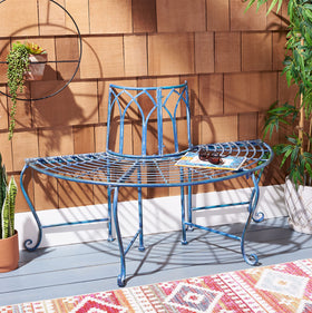 SAFAVIEH Abia iron tree bench with mossy blue scrollwork for shaded seating.