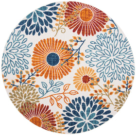 Safavieh Cabana 8-round floral pattern rug highlights easy cleaning after outdoor dining.