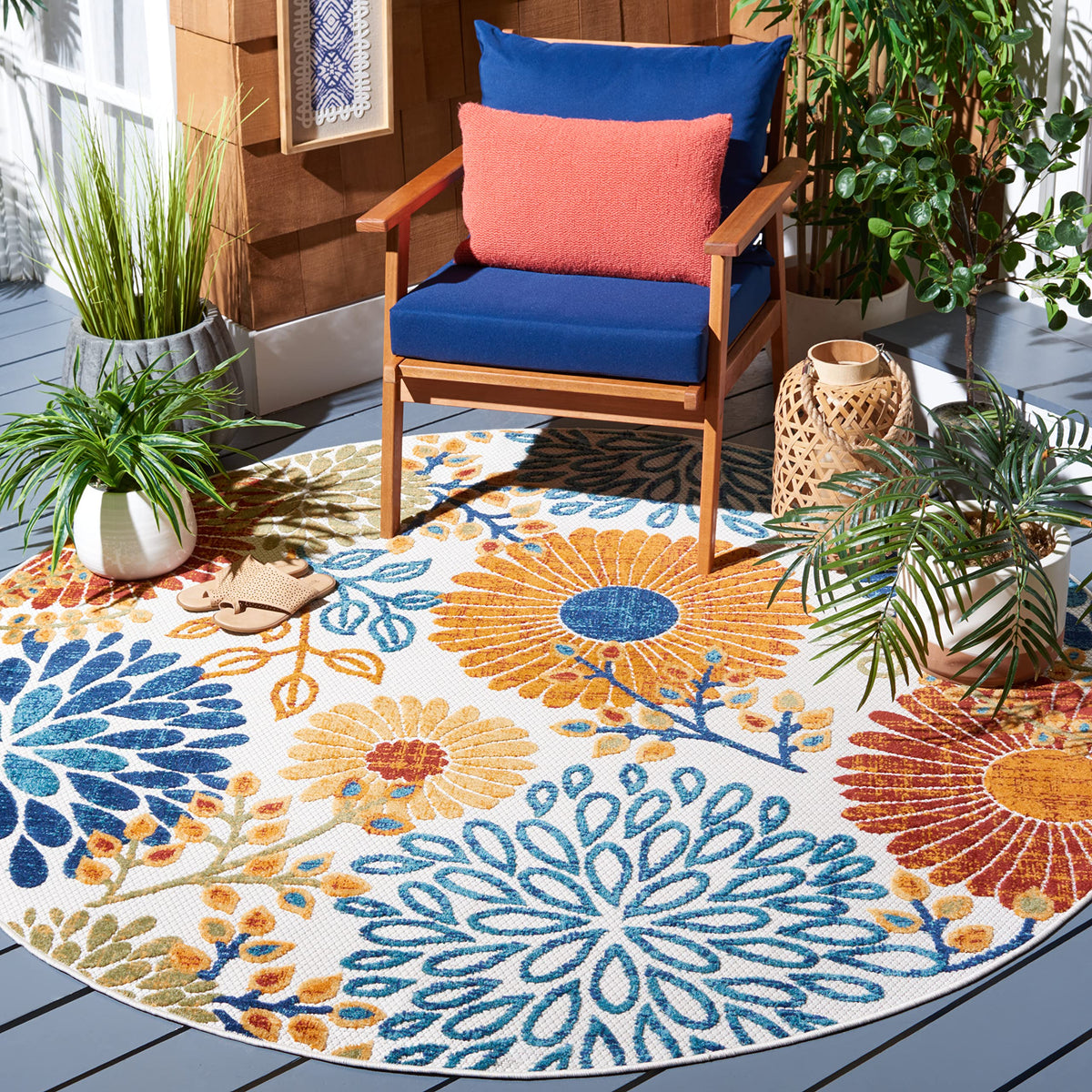 Safavieh Cabana 8-round rug on patio showing stain resistance for outdoors.