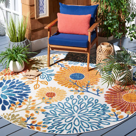 Safavieh Cabana 8-round rug on patio showing stain resistance for outdoors.