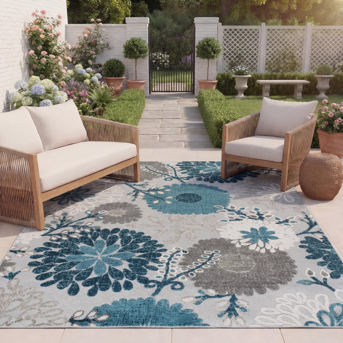 Safavieh Cabana outdoor rug 8x10 in gray-blue, ideal for patio spills and everyday outdoor use.