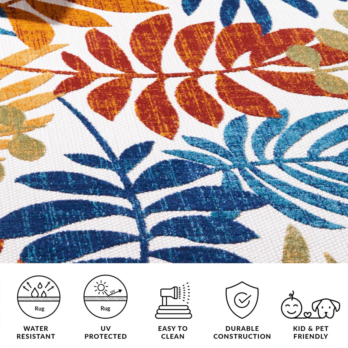 Safavieh Cabana outdoor rug in cream and red coordinates with outdoor dining spaces.