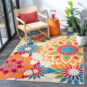 Safavieh Cabana outdoor rug in ivory and orange, ideal for patios with easy maintenance.