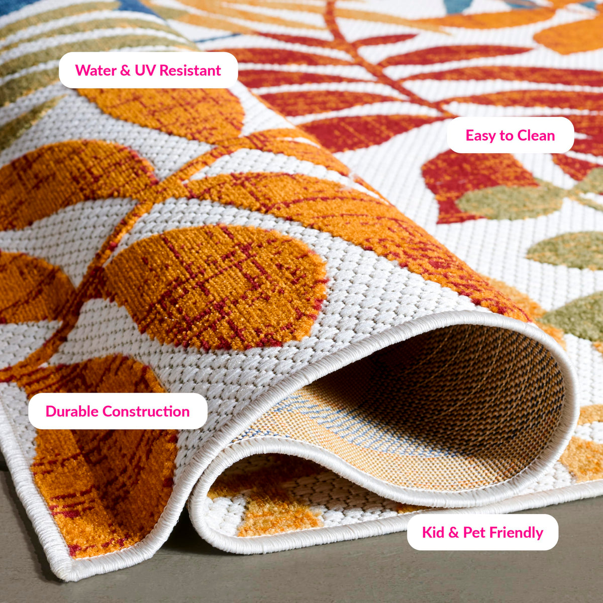 Safavieh Cabana outdoor rug on patio, weather-resistant for rain or shine spaces.
