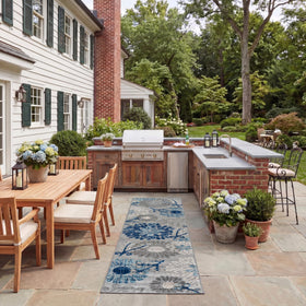 Safavieh Cabana outdoor runner in grey and blue tones, ideal for weather-ready entryways.