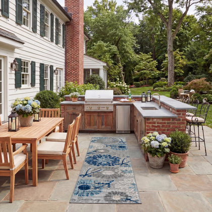 Safavieh Cabana outdoor runner in grey and blue tones, ideal for weather-ready entryways.