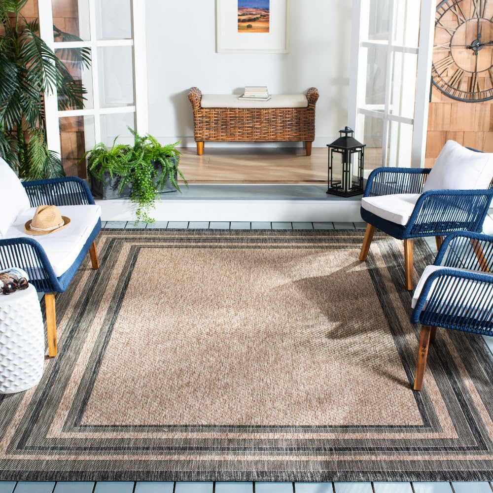 Safavieh Courtyard outdoor rug 10x14 natural and black, closeup texture reveals durable fibers.
