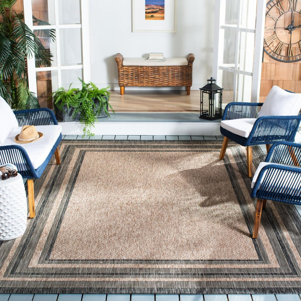 Safavieh Courtyard outdoor rug 10x14 natural and black, closeup texture reveals durable fibers.