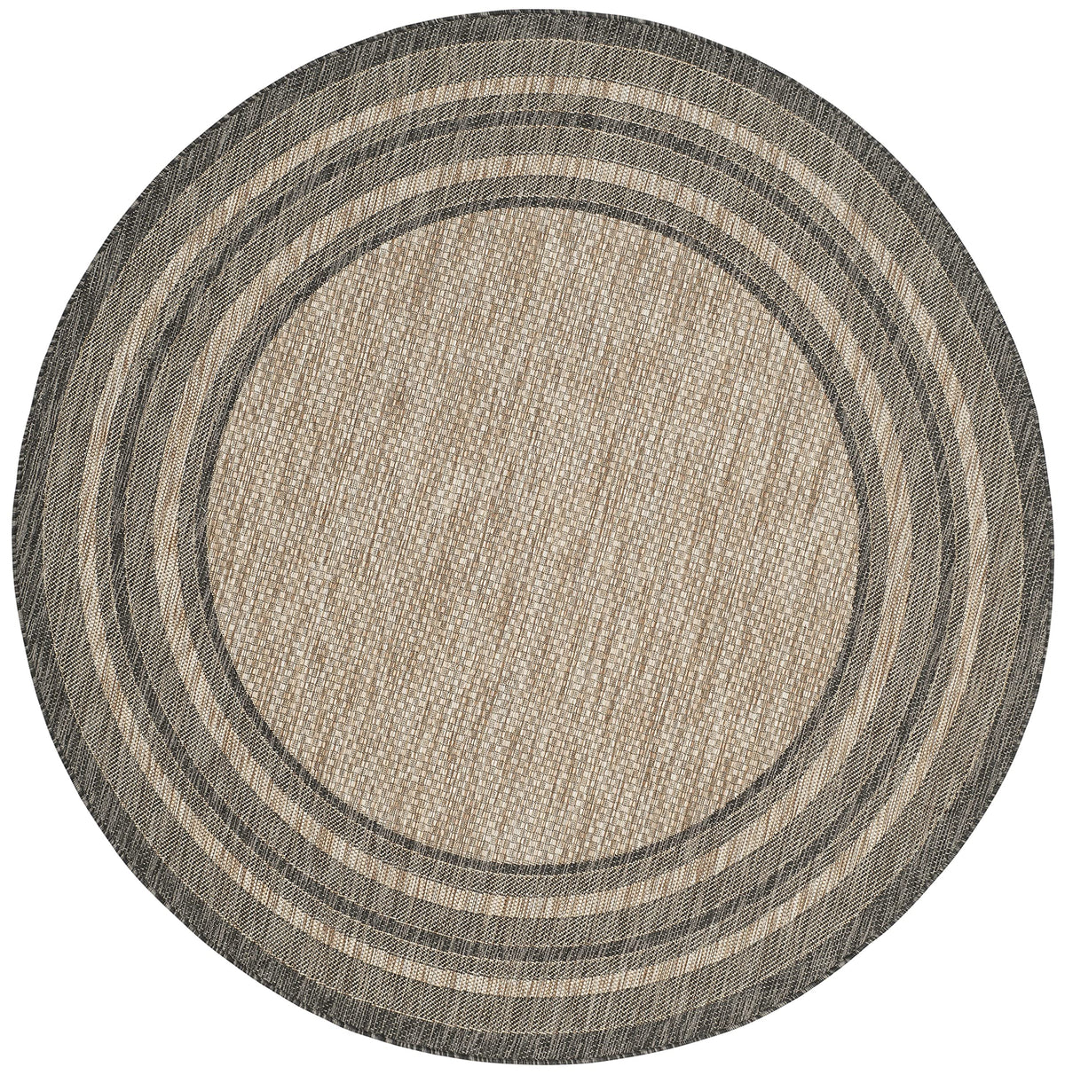 Safavieh Courtyard round natural black rug in outdoor setting withstands weather and preserves color