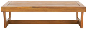 SAFAVIEH Lynn natural brown coffee table front view shows durable slatted acacia wood for outdoor spaces