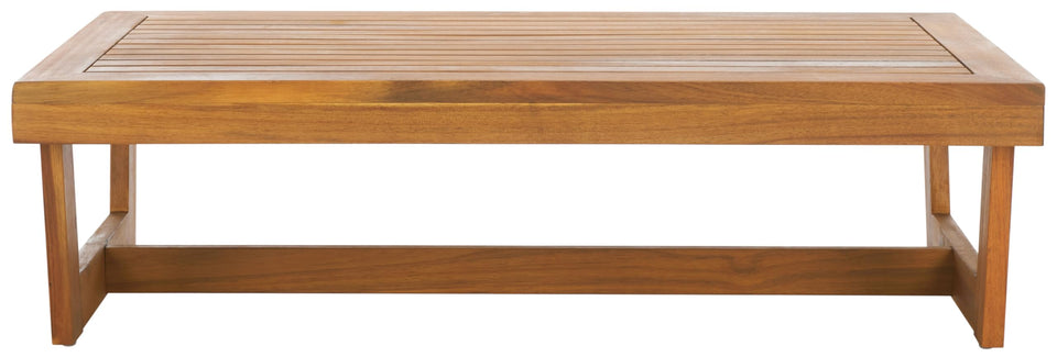 SAFAVIEH Lynn natural brown coffee table front view shows durable slatted acacia wood for outdoor spaces