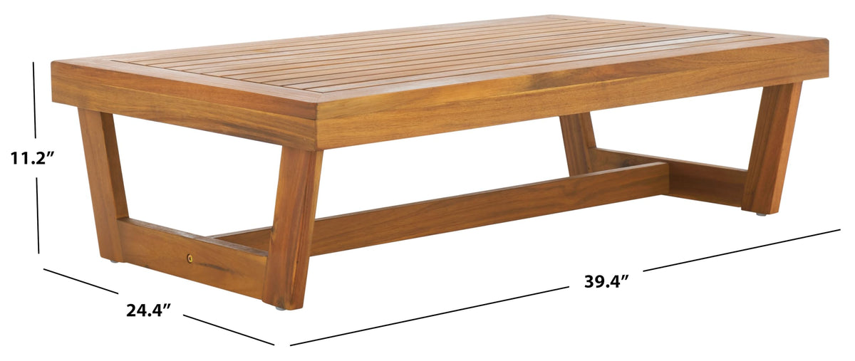 SAFAVIEH Lynn natural brown coffee table side view demonstrates a compact footprint ideal for small patios