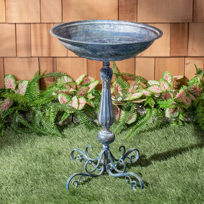 SAFAVIEH Orian Mossy Blue bird bath on pedestal invites birds to drink and bathe.