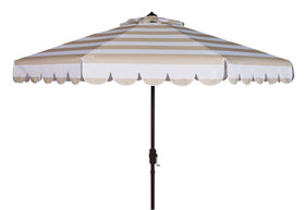 SAFAVIEH Vienna 9ft umbrella with beige white canopy provides stylish shade for patios.