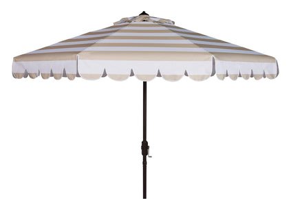 SAFAVIEH Vienna 9ft umbrella with beige white canopy provides stylish shade for patios.